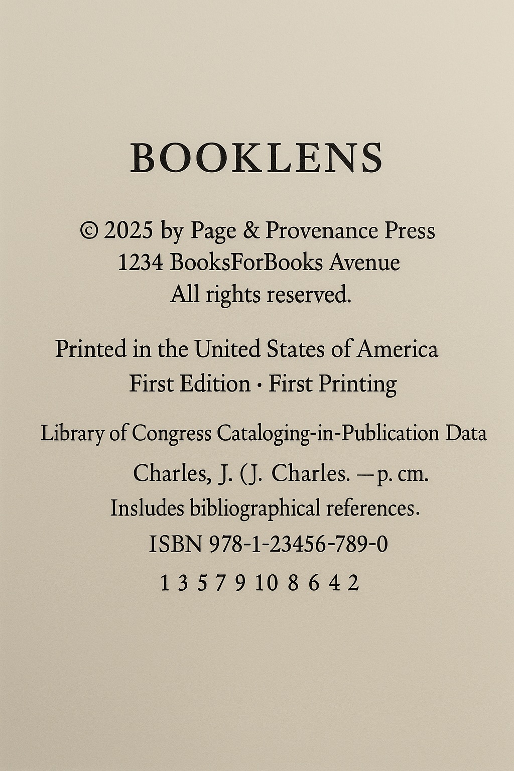 Copyright page example showing edition info, number line, and printing details