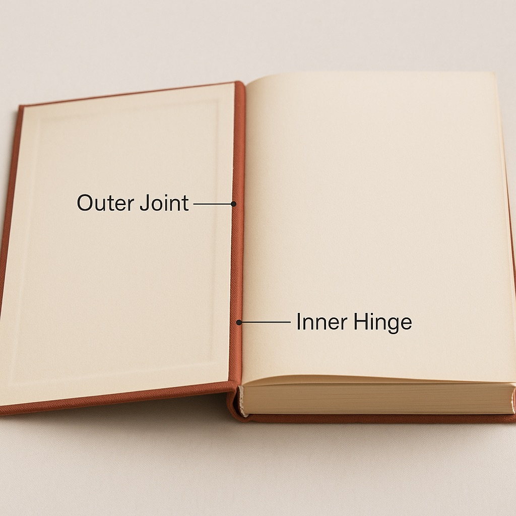 Book hinges and joints showing inner and outer connection points